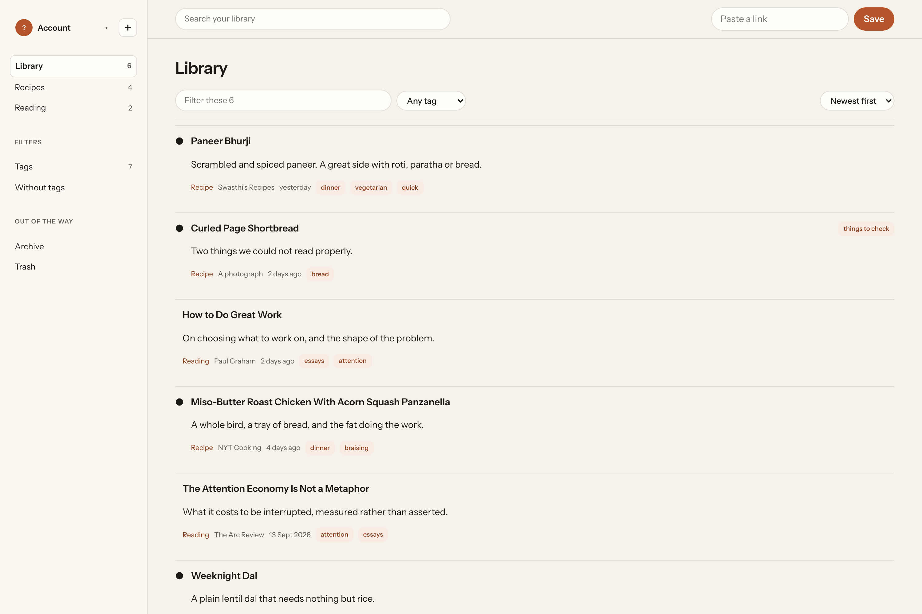 The Curate library in a browser: saved recipes and articles with their time, source and tags.