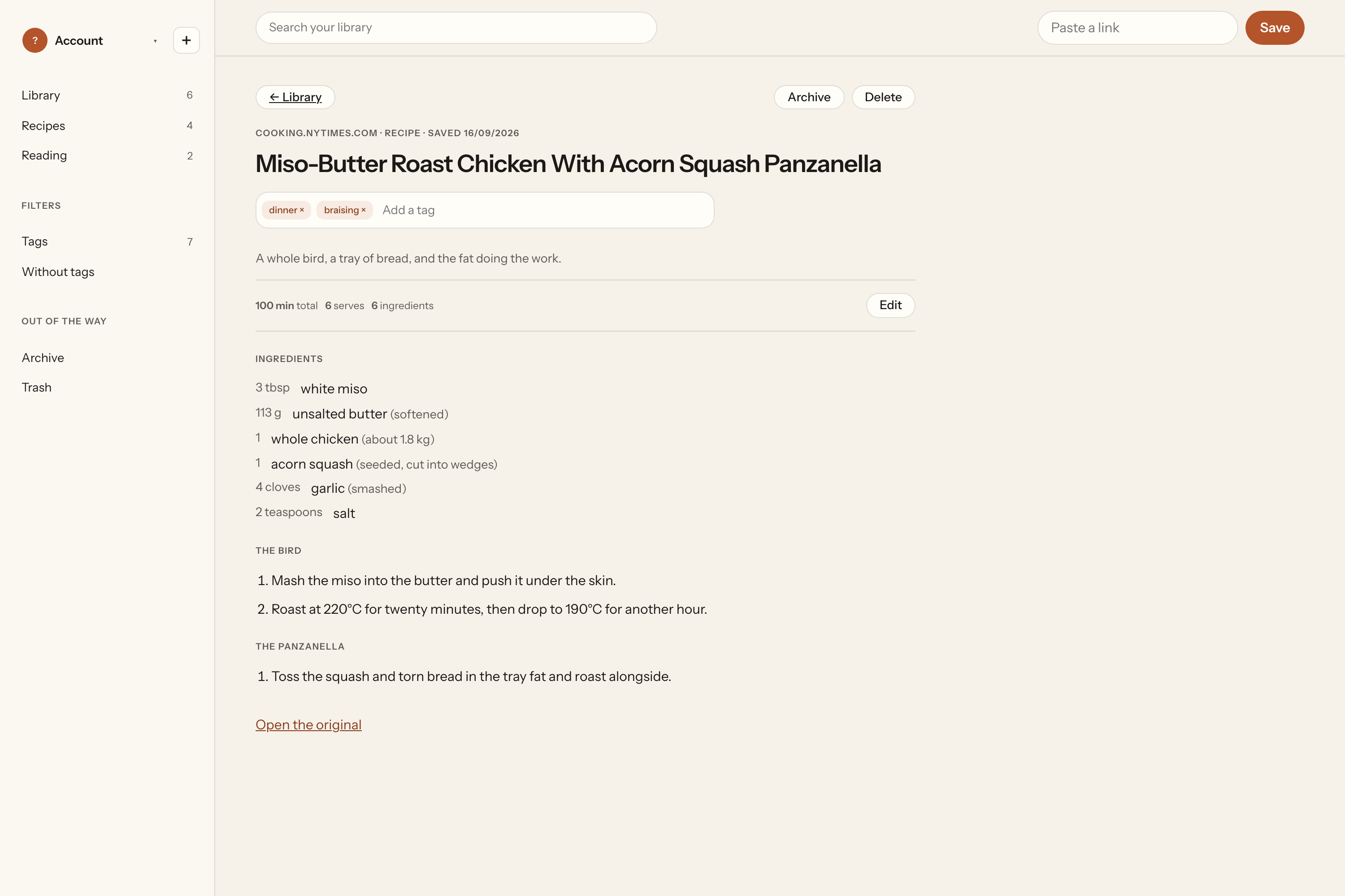 A saved recipe in Curate on a laptop, with its ingredients and numbered method.